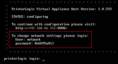 VA web console showing basic settings with the network settings credentials highlighted. 